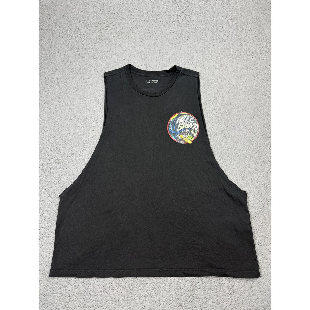 AllSaints Tank Mens XL Black Shirt Shark Surf Graphic Sleeveless Tee Tagless